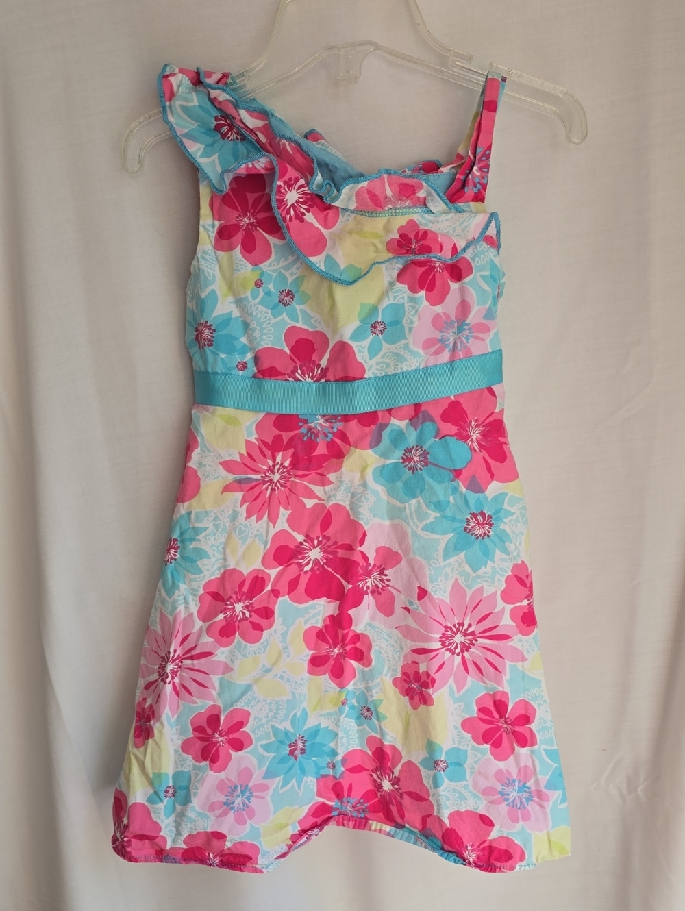 Girls Floral One-Shoulder Candy Pink & Aqua Dress